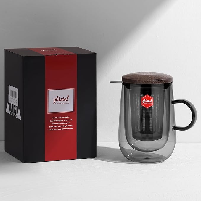 glastal Tea Infuser Mug 14.5oz Glass Tea Cup with Removable Stainless Steel Infuser and Lid, Double-walled Black Glass Tea Cup Teacup for Loose Leaf Tea, Birthday for Parents Dad Mum Friends Office - Bloomnest