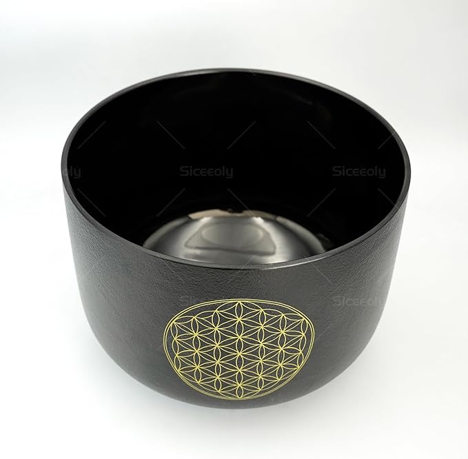 9 inch F Note Flower of Life Black Crystal Singing Bowl Heart Chakra Meditation Sound Healing with Suede Mallet Striker O-ring - Bloomnest