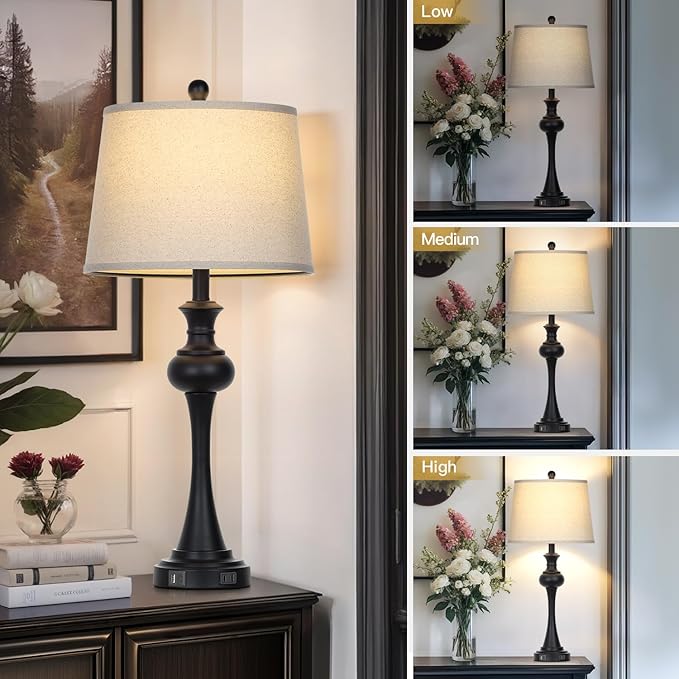 28.75" Black Modern Table Lamps for Living Room, Bedside Lamp with USB A+C Ports & AC Outlets, 3 Way Dimmable Touch Lamps for Living Room,Nightstand Lamp LED Bulb Included (1Pack - Bloomnest