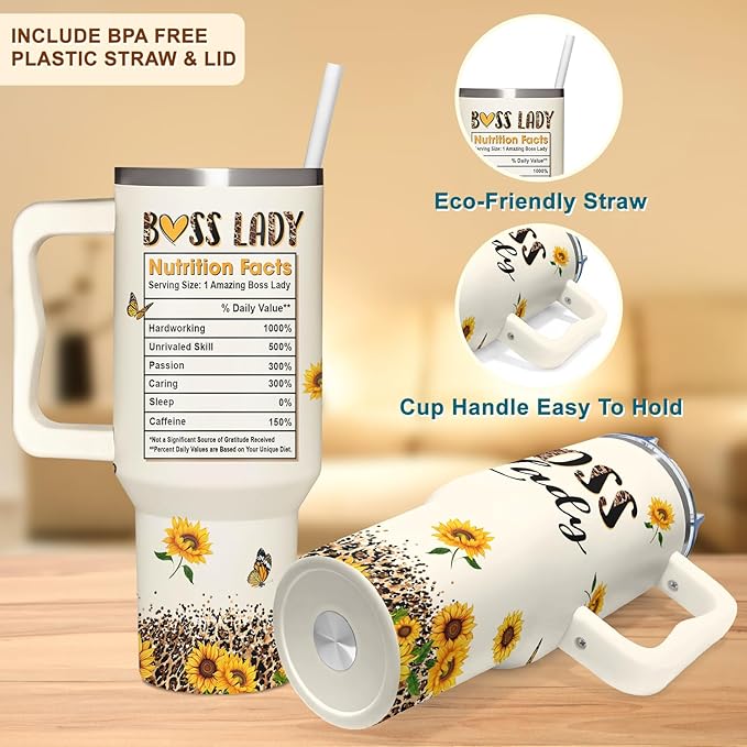 Boss Lady Tumbler 40oz with Handle - Sunflower Gifts for Women, Administrative Professional Day, Christmas - Thank You Gift for Manager - Bloomnest