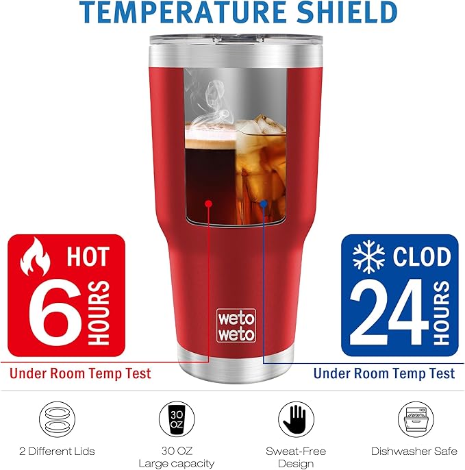 WETOWETO 30oz Insulated Tumbler With 2 Lids and 2 Straws, Stainless Steel Double Vacuum Coffee Tumbler Cup with handle, Powder Coated Travel Mug for Office, Travel(Harvest Red, 1 Pack) - Bloomnest