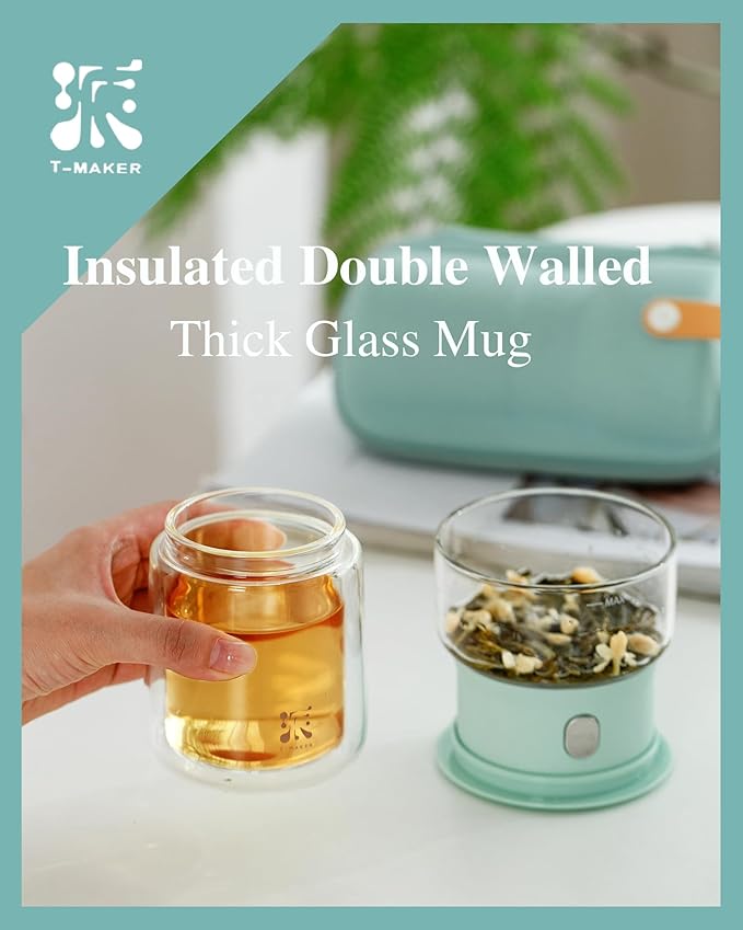 ZENS Modern Glass infuser Teapot, Small One Touch Tea Maker for Loose Tea Diffusers with 200ml Insulated Cup and Blue Portable Carry Case, Magic Gongfu Tea Pot for Tea Lovers Gifts - Bloomnest