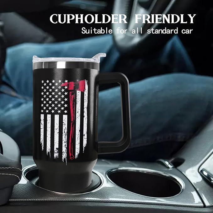 Ceovfoi Firefighter Gifts for Men,40 oz American Flag Tumbler with Handle Lid and Straw Stainless Steel Cups Mug, Firefighter Stuff Supplies Accessories - Bloomnest