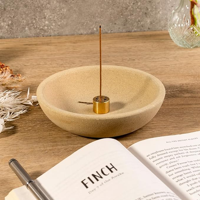 Koville Natural Marble Incense Holder, Incense Holder for Sticks with 9 Holes, Handmade Incense Burner Ash Catcher for Meditation Yoga SPA, Balsam Fir/Palo Santo/Sage/Cone (Sandstone-Brown)