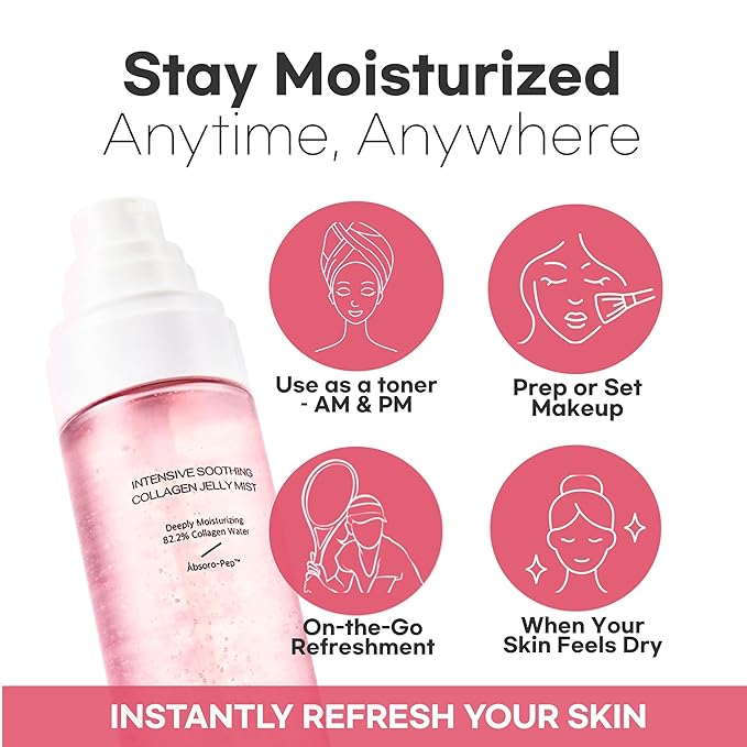 Intensive Soothing Collagen Jelly Mist, Deep Hydrating Pink facial mist, Elasticity Moisturizer, Dewy Glow Spray, Hyaluronic Acid, Lightweight Gentle for All Skin, Korean skin care 3.38 fl oz - Bloomnest