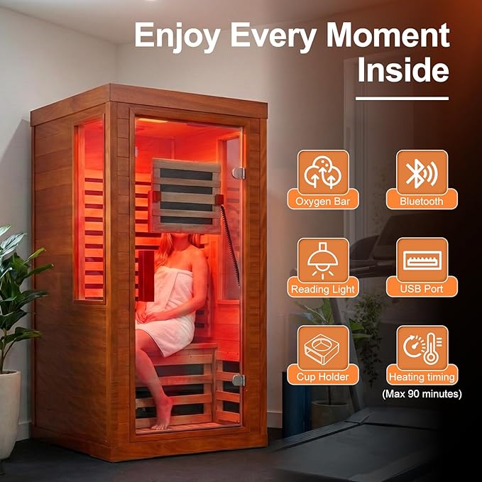 Low EMF Full Spectrum Infrared Sauna with FDA-Certified Red Light Therapy, Fast Heat-Up 1170W 110V, 1-Person Carbon Fiber Dry Sauna, Canadian Hemlock for Home Bloomnest