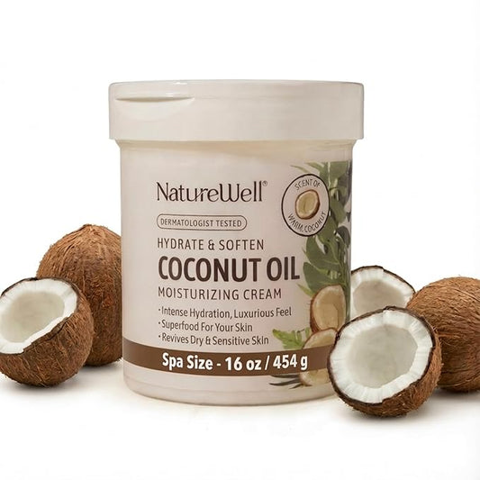 NATURE WELL Hydrate & Soften Coconut Oil Moisturizing Cream for Face, Body, & Hands, Non-Greasy, Intense Hydration & Luxurious Feel, Revives Dry & Sensitive Skin, Superfood for Your Skin, 16 Oz