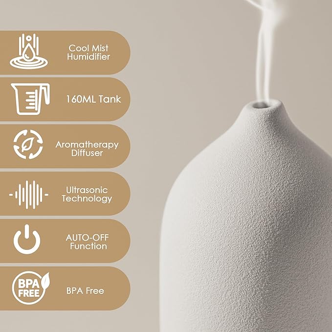 Diffuserlove Ceramic Essential Oil Diffuser 160ML Aromatherapy Diffuser for Home Bedroom Room Cool Mist Humidifier Stone Air Diffusers (Size:6.8" H x 3.6" W) - Bloomnest