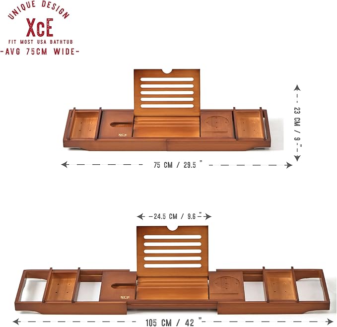 XcE Bamboo Bathtub Caddy Tray - Expandable to 41 Inches with Book Stand, Soap Holder & Anti-Slip Pads for Luxury Bath Spa, Brown - Bloomnest
