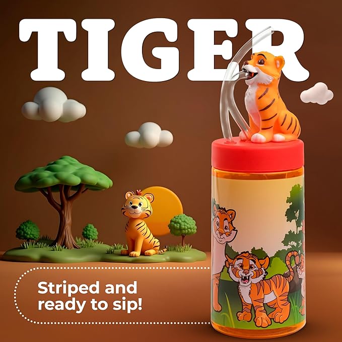 Kids Water Bottle, Toddler Cups, Tumbler with Lid and Straw, Travel Sippy Cup for Water or Milk, Kids Cups with Lids for Toddlers 3 and Up, BPA Free Plastic, 12 oz (Zoo Bengal Tiger) - Bloomnest