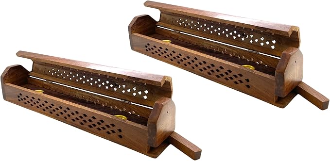 2 Pack Wooden Coffin Incense Sticks Burner - 12 Inches Brass Inlays - Storage Compartment (Net Carving) - Bloomnest
