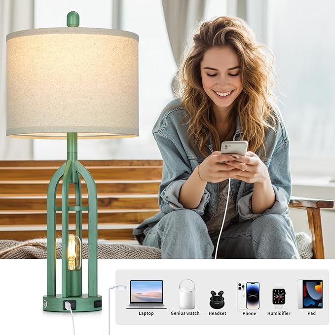 27" Tall Coastal Lamp,Retro-Green Vintage Bedside Nightstand Lamps with USB C+A & AC Outlet,3-Way Dimmable Touch Control Table Lamps for Bedroom Living Room with Night Light,Single Green - Bloomnest
