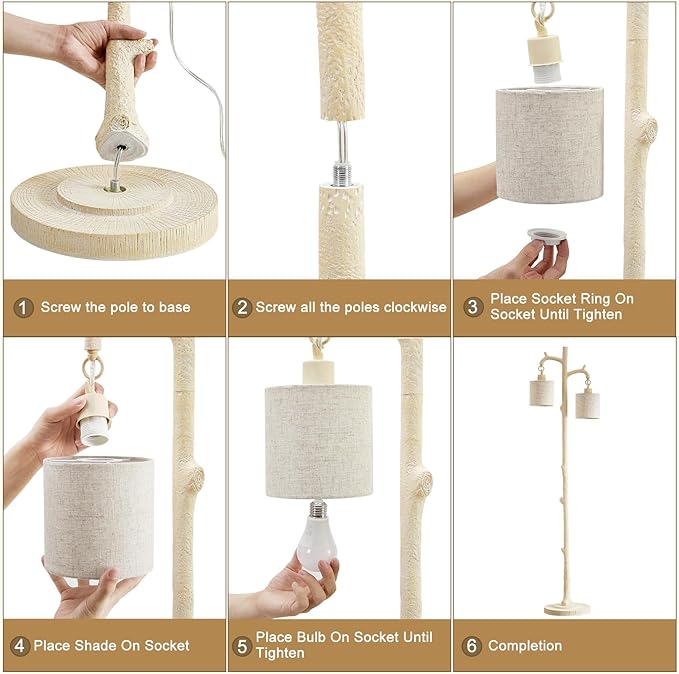 Floor Lamp for Living Room - 69" Rustic Farmhouse Tree Trunk Tall Lamp - Country Resin Vintage Reading Light with Linen Shade Standing Lamps for Bedroom Office Classroom Home Decor (Almond White) - Bloomnest