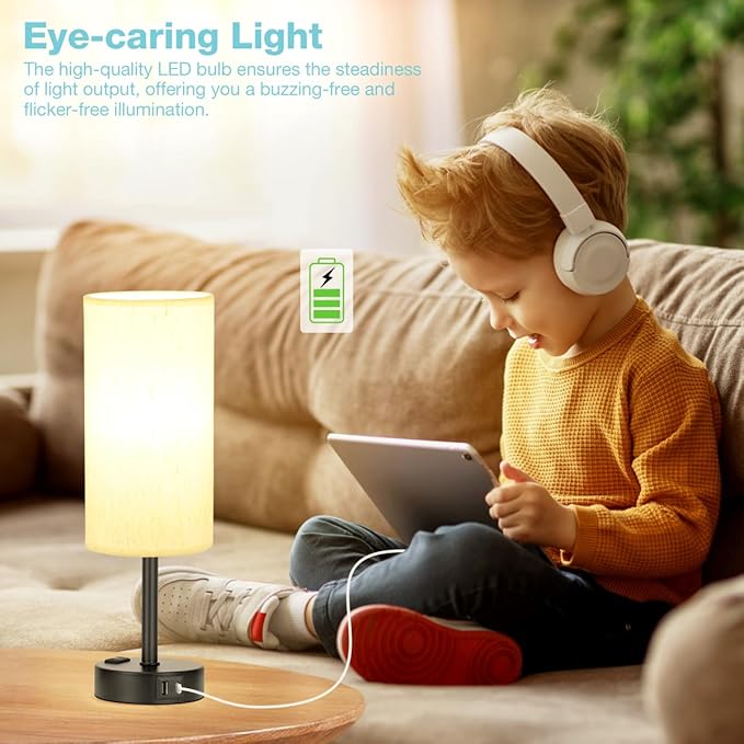 Light Beige Table Lamp for Nightstand - 3 Way Dimmable Bedside Lamp for Bedroom with USB C A Charging Ports and AC Outlet, Small Desk Lamp with Black Base for Living Room, Office, LED Bulb Included - Bloomnest