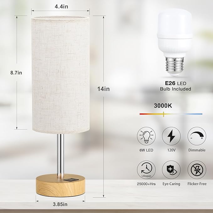 Dicoool Touch Bedside Table Lamp with USB - 3 Way Dimmable Wood Lamp for Bedroom Nightstand, Desk Lamp with Charging Station for Dorm, Living Room, Office, Kids Room, Small, 14in - Bloomnest