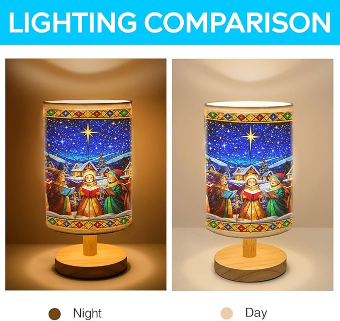 Caroling Table Lamp LED 3-Color Pressed Bedside for Merry Christmas, Caroling Shade Christmas Table Lamp with Wood Base for Bedroom Living Room Desk Office - Bloomnest
