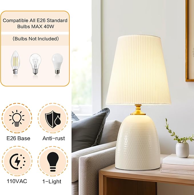 Modern Textured Ceramic Table Lamps 22.75In, White Table Lamp Decor for Living Room Bedroom Bedside End Desk Tables Lamp - Bloomnest