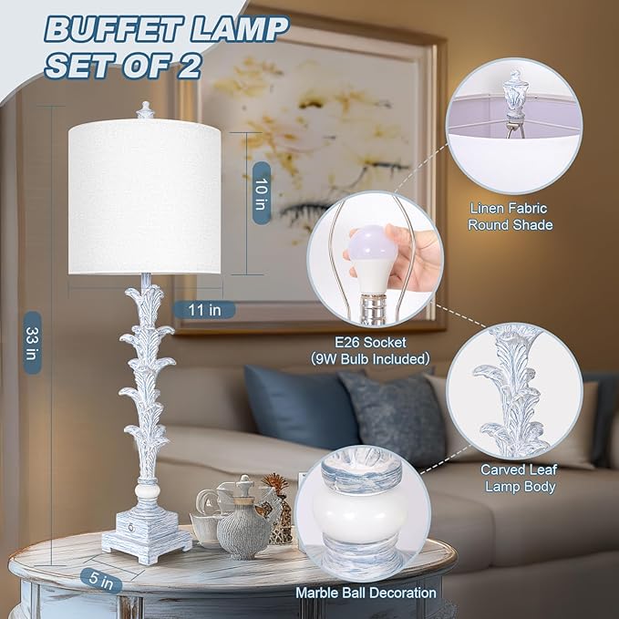 33'' Touch Table Lamp Set of 2 for Living Room , 3-Way Dimmable Buffet Lamps with USB Ports and White Shade, Vintage Farmhouse Bedside Nightstand Lamps for Bedroom Office Study Dinning (Bulb Included) - Bloomnest