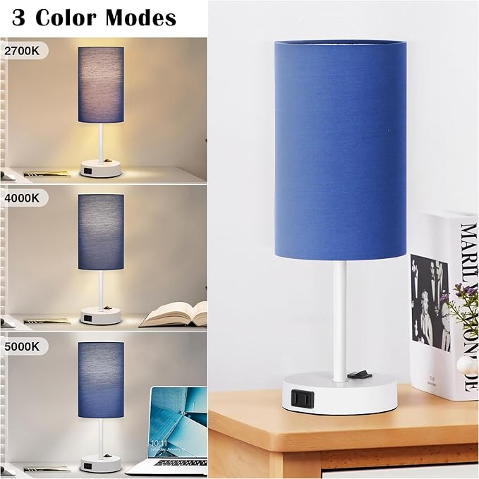 ZJOJO Table Lamp for Bedroom Set of 2, Bedside Small Lamps with 3 Way Dimmable Rocker Switch and AC Outlet, Nightstand Desk Lamp with Blue Fabric Shade White Base for Living Room Home Decor Lights - Bloomnest