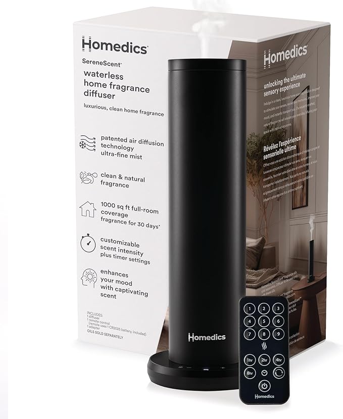 Homedics SereneScent Waterless Home Fragrance Diffuser, Use with Homedics SereneScent Oil (Sold Separately), Patented Air Diffusion Technology, Clean & Natural Fragrance, Enhances Mood, Large Rooms - Bloomnest