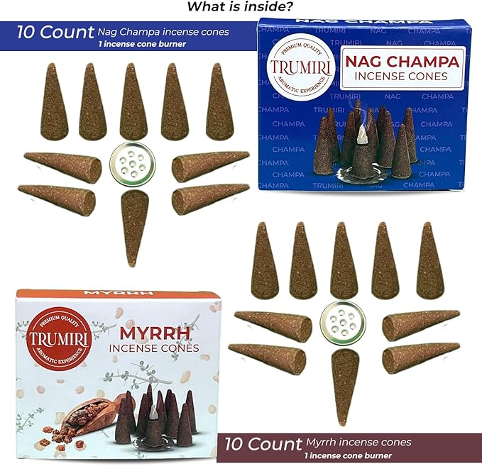 TRUMIRI Incense Cones - Combo Pack of 20 Cone Incense - 10 Myrrh + 10 Nag Champa - Insence Cones - Incense Cones Scented - Cone Incense Scents - Insense Cones - Incent Cone TRUMIRI