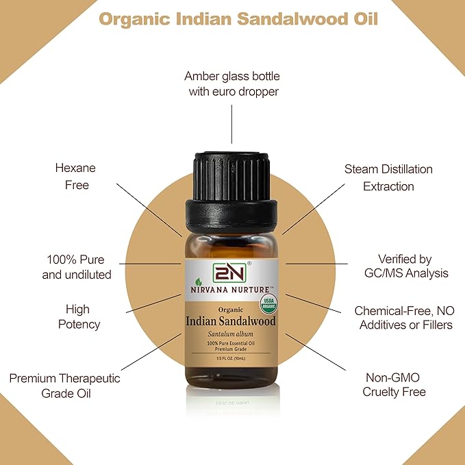 Indian Sandalwood Essential Oil, USDA Certified Organic, 100% Pure Undiluted, Aromatherapy Oil for Diffuser, Hair & Skin Care NirvanaNurture