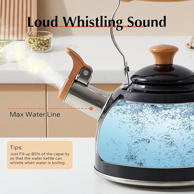 ROCKURWOK Tea Kettle, Tea Pot with Cool Touch Ergonomic Handle, Teapot Food Grade Stainless Steel, Tea Kettle Stovetop, Kettle Teapot, Whistling Tea Kettle, Small Tea Pot, 1.6 Quart (Black) - Bloomnest