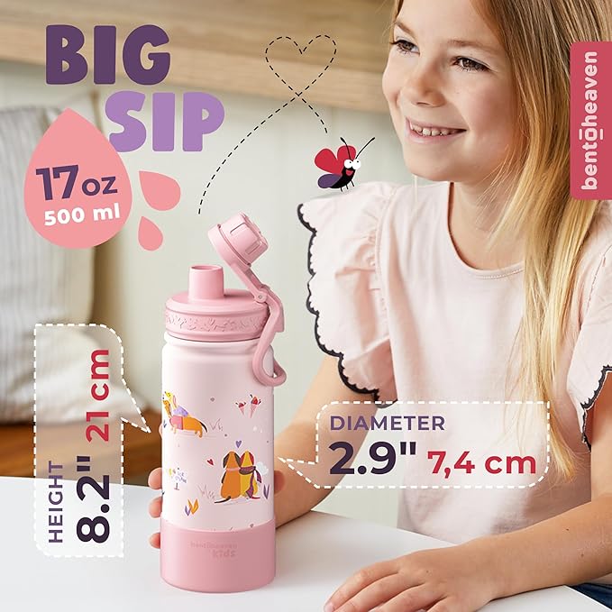 Bentoheaven Kids Water Bottle Stainless Steel for Boys & Girls, 2 Lids (Chug & Straw), Handle & Silicone Boot, Reusable Metal Leak-proof Insulated Tumbler, School & Sports 17oz (Pink) - Bloomnest