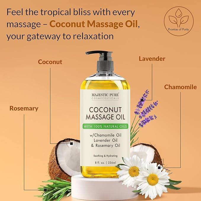 MAJESTIC PURE Coconut Massage Oil for Massage Therapy - Refreshing, and Relaxing - Natural Oils - for All Skin Types - Men and Women - 8 fl oz - Bloomnest