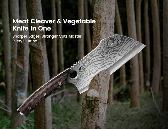 Meat Cleaver Chef Knife with Sheath, 7.7 Inch Butcher Knife with Herb Stripper, Chopping Knife Heavy Duty Bone Cutting, Damascus Pattern Full Tang Wood Handle, Birthday Gift for Men - Bloomnest