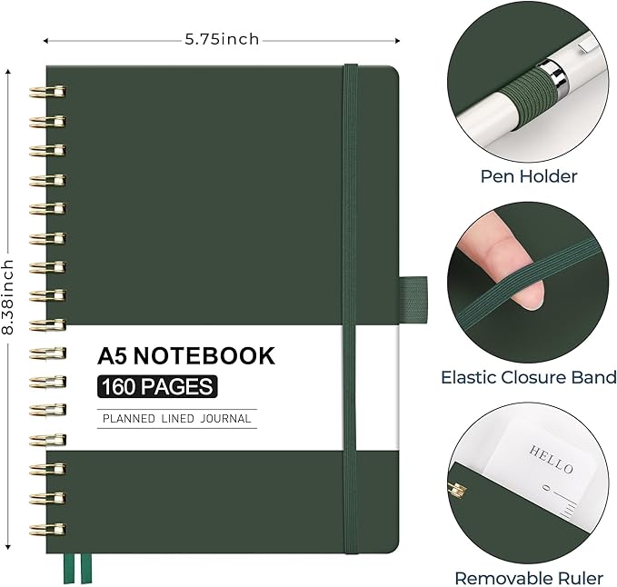 AHGXG Spiral Journal Notebook, 160 Lined Pages, A5 Medium Size (5.7'' x 8.3''), for Men & Women, Journaling, Writing, Work & Office, Hardcover, 100 GSM Thick Paper (Dark Green) - Bloomnest