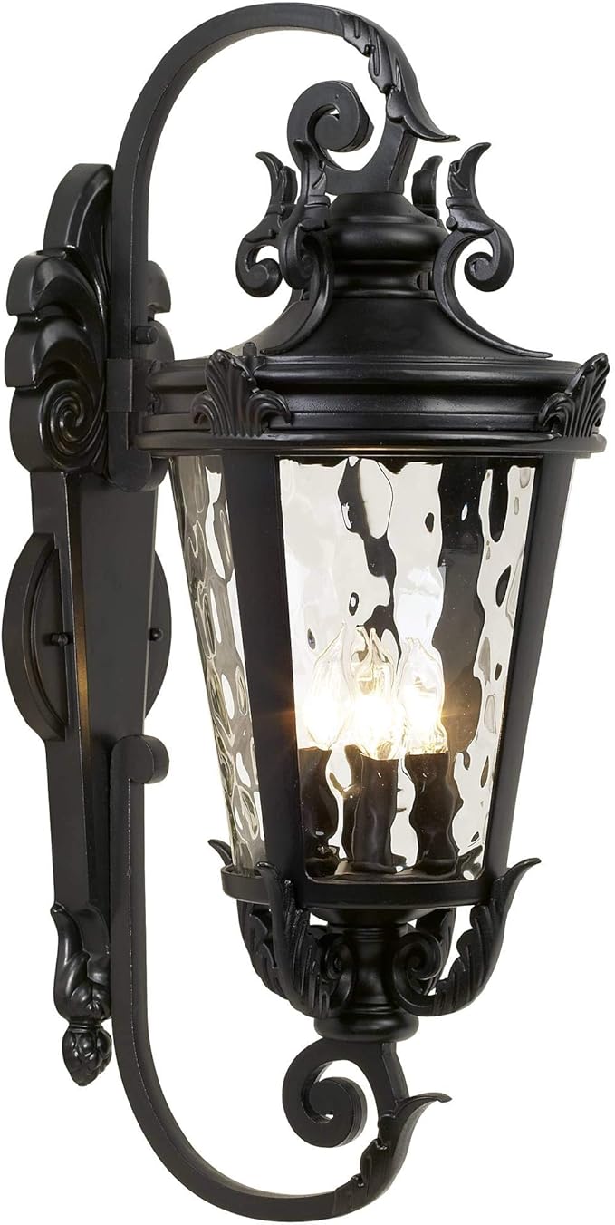John Timberland Marseille Rustic Vintage Outdoor Wall Light Fixture Textured Black Scroll 27 1/2" Hammered Glass for Exterior House Porch Patio Outside Deck Garage Yard Front Door Garden Home - Bloomnest