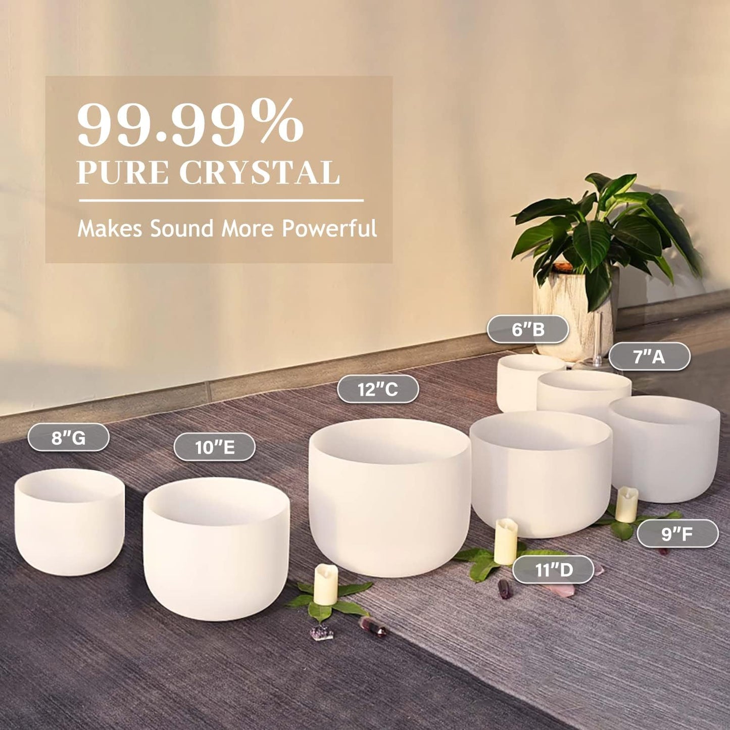 CVNC 440HZ 6-12 inch Set of 7 Frosted Meditation Chakra Quartz Crystal Singing Bowls for Sound Healing Energy with Carry Case Bag Suede and Striker & O-Ring