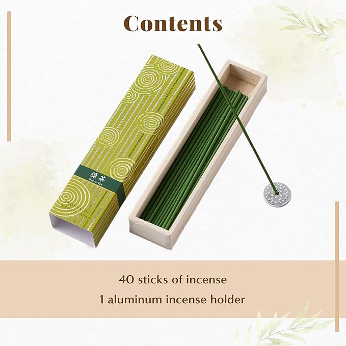 Hasegawa Hyakurakuko Premium Japanese Sandalwood Incense - Long Type, 40 Sticks with Aluminum Holder, 20-30 Min Burn Time, Made in Japan 線香 百楽香 (Green Tea) %E3%81%AF%E3%81%9B%E3%81%8C%E3%82%8F%EF%BC%88Hasegawa%EF%BC%89