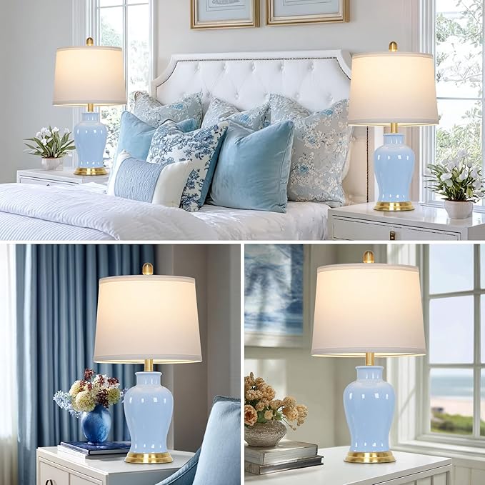 23" Modern Blue Ceramic Table Lamps Set of 2, Coastal Ceramic Lamps for Living Room, Classic Bedside Lamp with Ginger Jar Design, Elegant Bedroom Lamp for Night stand Desk Side End Table Home Decor - Bloomnest
