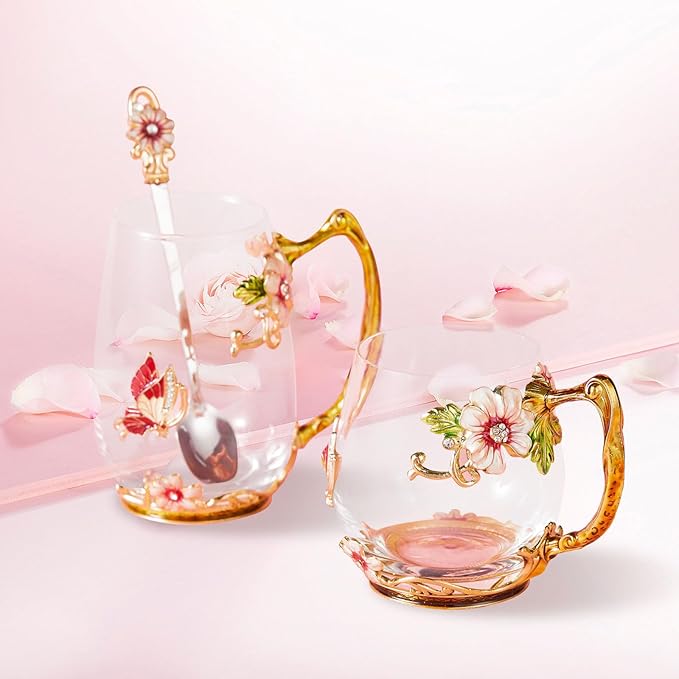 Flower Tea Cup,Clear Glass Fancy Coffee Mug with Spoon,Gift Box for Her Mom Wife Grandma Girls Friends Valentines Christmas Birthday Present Idea for Juice Milk Hot And Cold Drinks Use - Bloomnest
