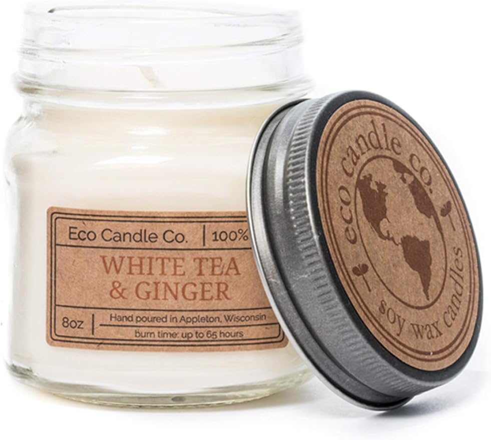 ECO CANDLE CO. Mason Jar Candle, White Tea & Ginger, 8 oz. - Scents of White Tea, Spices, Citrus, Jasmine, & Ginger - 100% Soy Wax, No Lead, Kraft Label & Antiqued Pewter Lid, Hand Made - Bloomnest