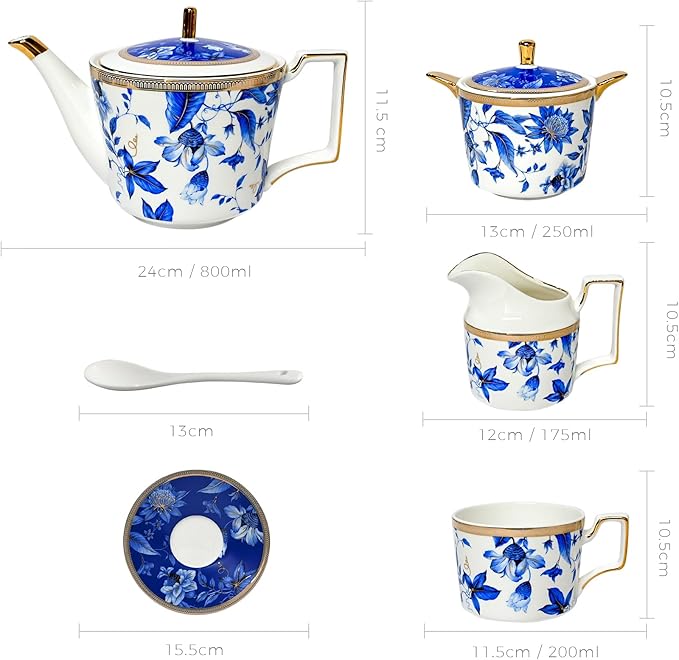 Bone China Tea Set for Adults, Blue and White Porcelain Tea Sets, Bone China Tea Cup Set With Teapot Creamer Pitcher Sugar Bowl and Teaspoons, Vintage Tea Sets for Women Tea Part - Bloomnest