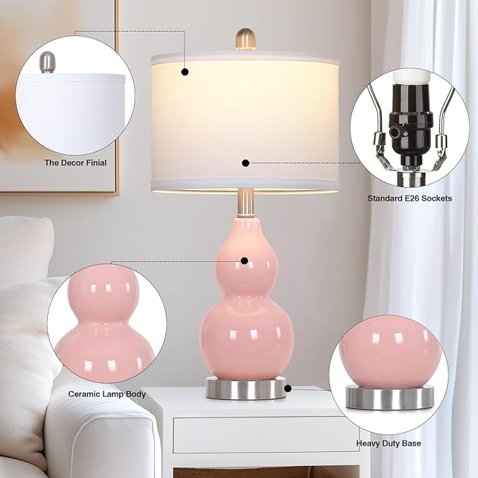Double Gourd Ceramic Table Lamps Set of 2, Modern Pink Bedside Lamps for Night Stand, Contemporary Nightstand Lamps for Bedroom Living Room (Bulb Included) - Bloomnest