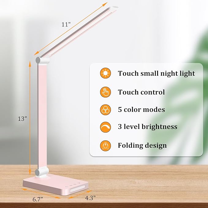 LED Desk Lamp with USB Ports,Touch Desk Lamps for Home Office with 5 Color Modes,3 Brightness Desk Light with Small Night Light,Reading Lamp Table Lamp for Bedroom Bedside Study Pink （with adapter） - Bloomnest