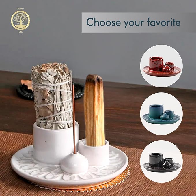 4-in-1 Palo Santo Holder, Sage & Incense Stick Burner – Ceramic White Ash Catcher Tray for Meditation, Yoga, Smudging & Spiritual Cleansing – Incense Holder for Sticks & Sage (White) - Bloomnest