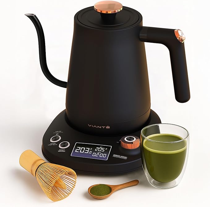 Vianté Electric Gooseneck Kettle with Precise Temperature Control. Pour Over Coffee & Tea Kettle. Boil-Dry Protection & Keep Warm Function. Stainless Steel, BPA-Free. Includes V60#2 Filters. 0.8L - Bloomnest