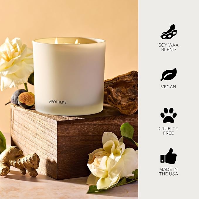 Apotheke 3-Wick Scented Candles for Home, Cedarwood Ginger - 26 oz Soy Wax Jar Candle Gift for Women - Long-Lasting Fragrance with Perfume-Grade Essential Oils - Patchouli, Red Tea, Fig & Coconut - Bloomnest