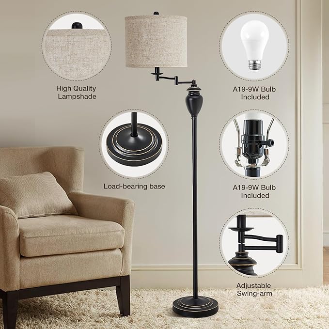 Floor Lamp for Living Room, 3 Color Temperature 350° Adjustable Swing Arm Floor Lamp Vintage Standing Lamp Traditional Farmhouse Tall Floor Lamps for Bedroom Office Home Nursery Study Room Hotel - Bloomnest