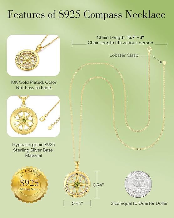 S925 Necklace Gift for Wife |Compass Jewelry |Women Anniversary |Sterling Silver |Girlfriend Birthday Gifts for Her Valentines |I'd be Lost without You |Jewel 18K Gold - Bloomnest