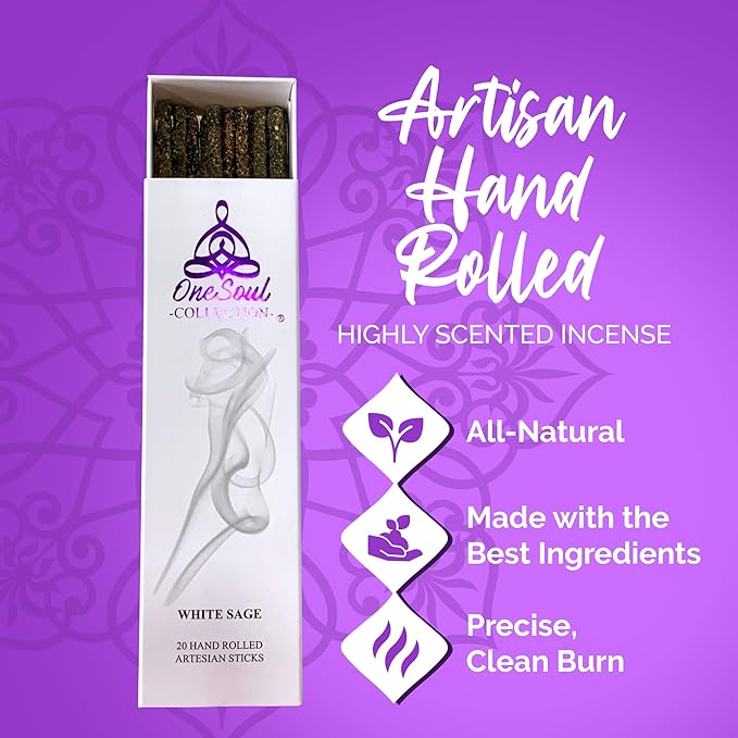 White Sage Smudge Incense Sticks, Natural Incense Sage Smudge Sticks, Insence-Sticks for Aromatherapy, Hand-Rolled Artisan Meditation Incense, 1-Hour Burn Time, 6 Inches, Pack of 20 OneSoulCollection%C2%AE