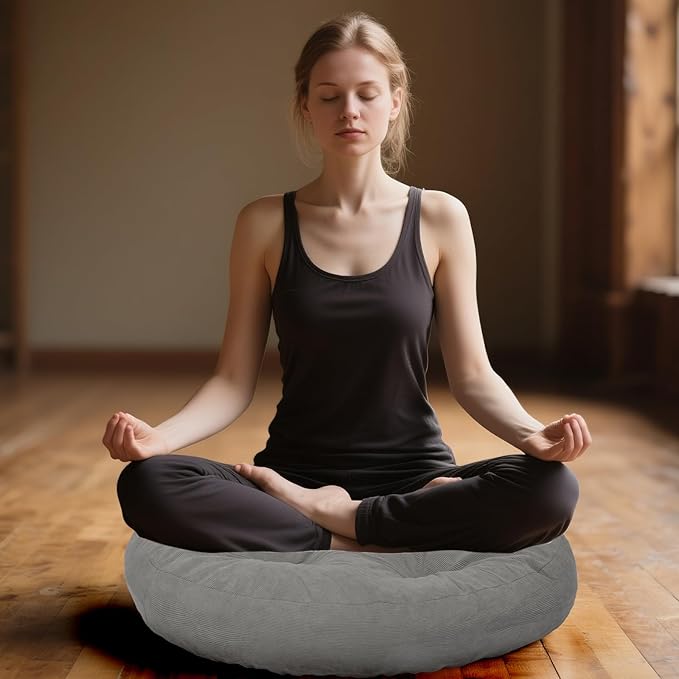 Meditation Floor Pillow Set of 2, Round Large Pillows Seating for Adults, Tufted Corduroy Cushion for Tatami Living Room, 22x22 Inch FP-Grey-R