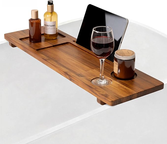 Teak Bathtub Tray - Wood Bath Caddy Tray 29" for Small Tubs - Adjustable Bathtub Table Trays - Luxury Shower Organizer for Home Spa Relaxation and Reading - Light Walnut Color - Bloomnest