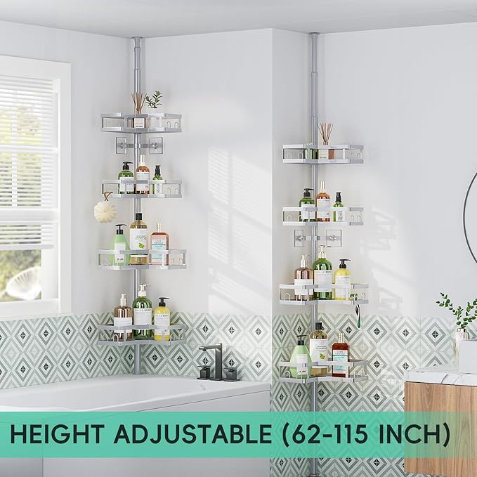 HEVEL Corner Shower Caddy Tension Pole, 4 Tier Adjustable Shower Organizer Corner 62-115 Inch, Rustproof Bathroom Shower Shelves for Bathtub Storage,Silver - Bloomnest