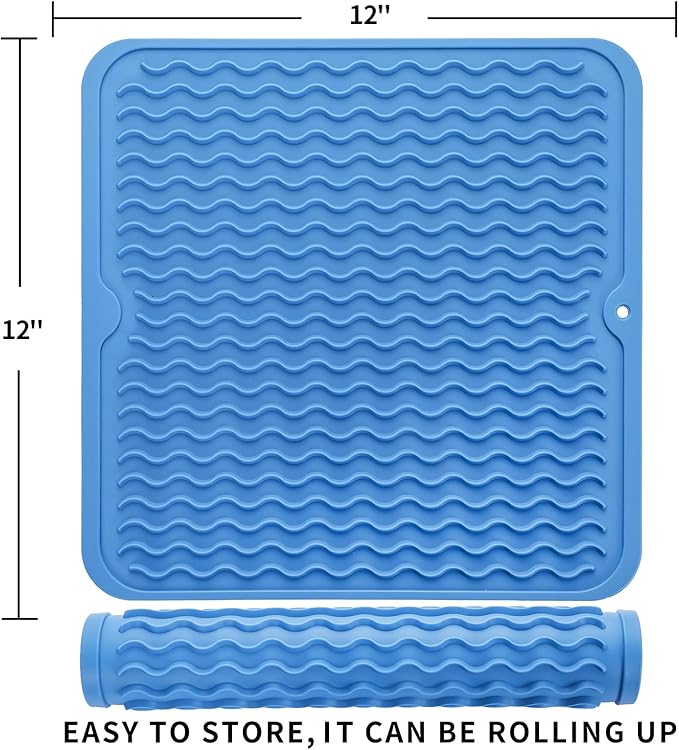 Silicone Dish Drying Mat for Multiple Usage,Easy clean,Eco-friendly,Heat-resistant Silicone Mat for Kitchen Counter or Sink,Refrigerator or Drawer liner Lichen BlueL M 12 inches x 12 inches - Bloomnest